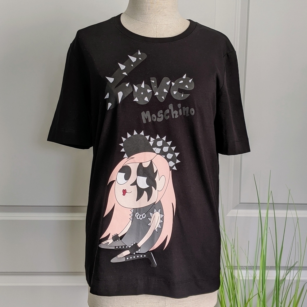 Love Moschino Tee Punk Girl Half Sleeve Crew Neck Fitted Black Pink S IT40 NWT